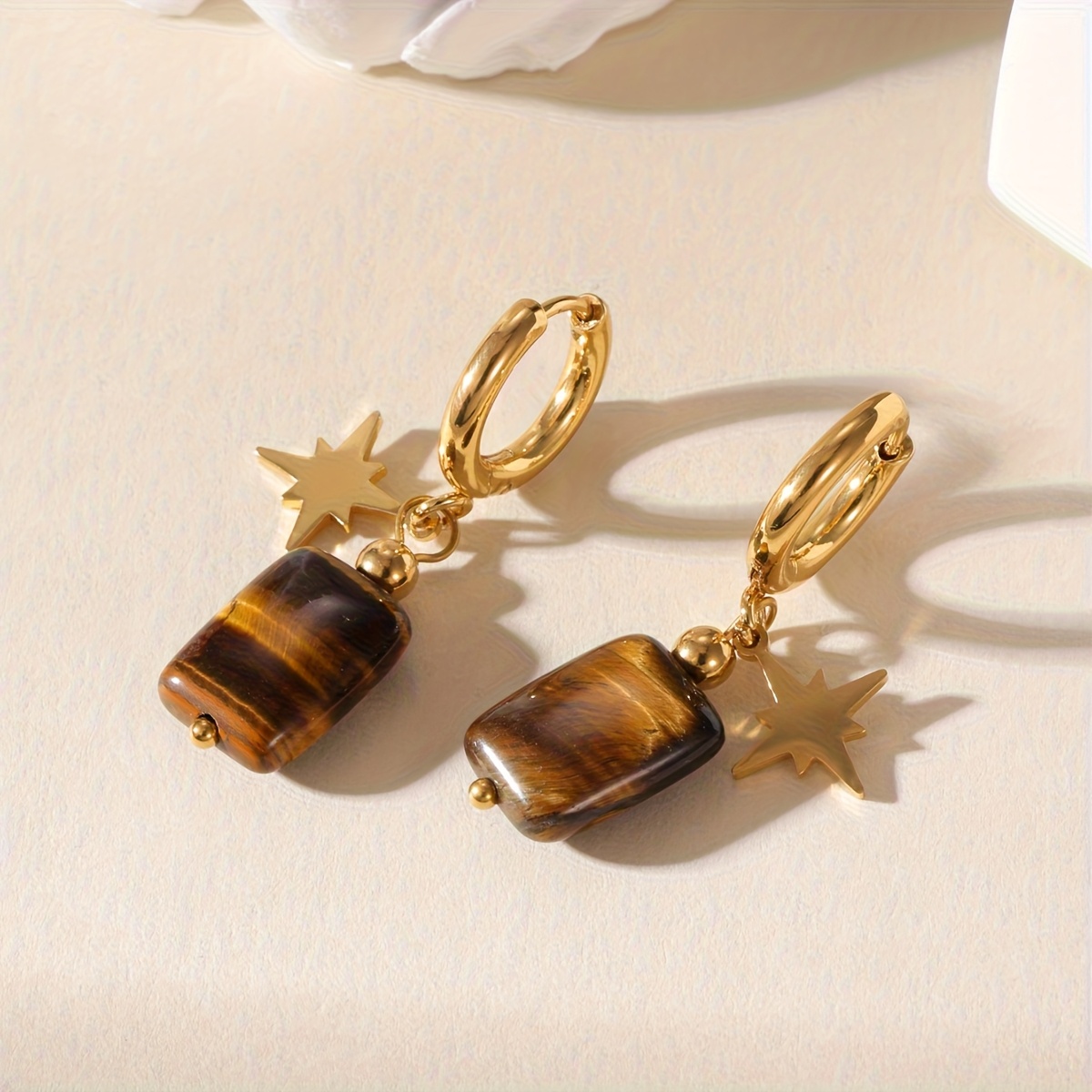 Women's 18K Gold Plated Tiger's Eye Stone Leaf Starburst Drop Hoop Earrings